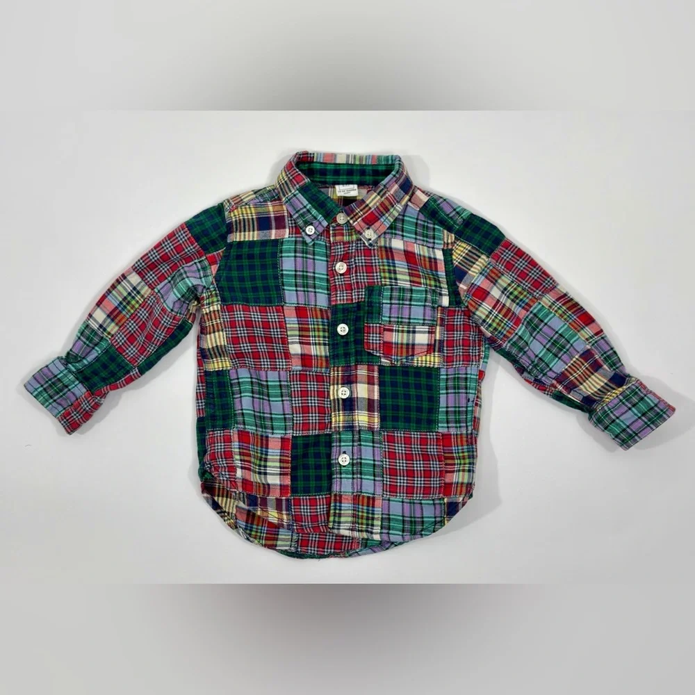 Baby Gap Boys Kids Holiday Patchwork Madras Plaid Long Sleeve Shirt 18-24 Months